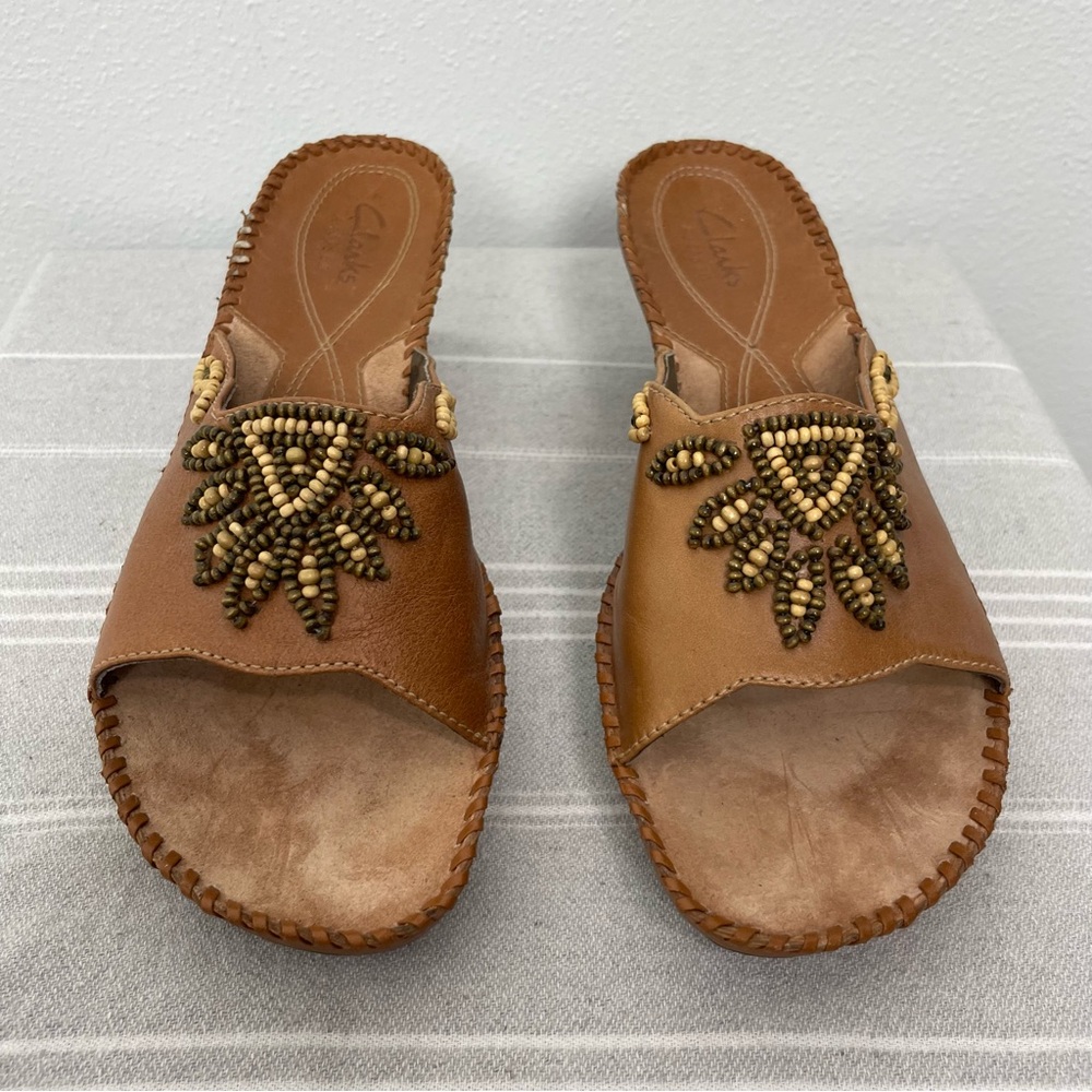 Clarks Artisan Empress Beaded Leather Wedge Sandals | Tan | Size 8 - Picture 3 of 12